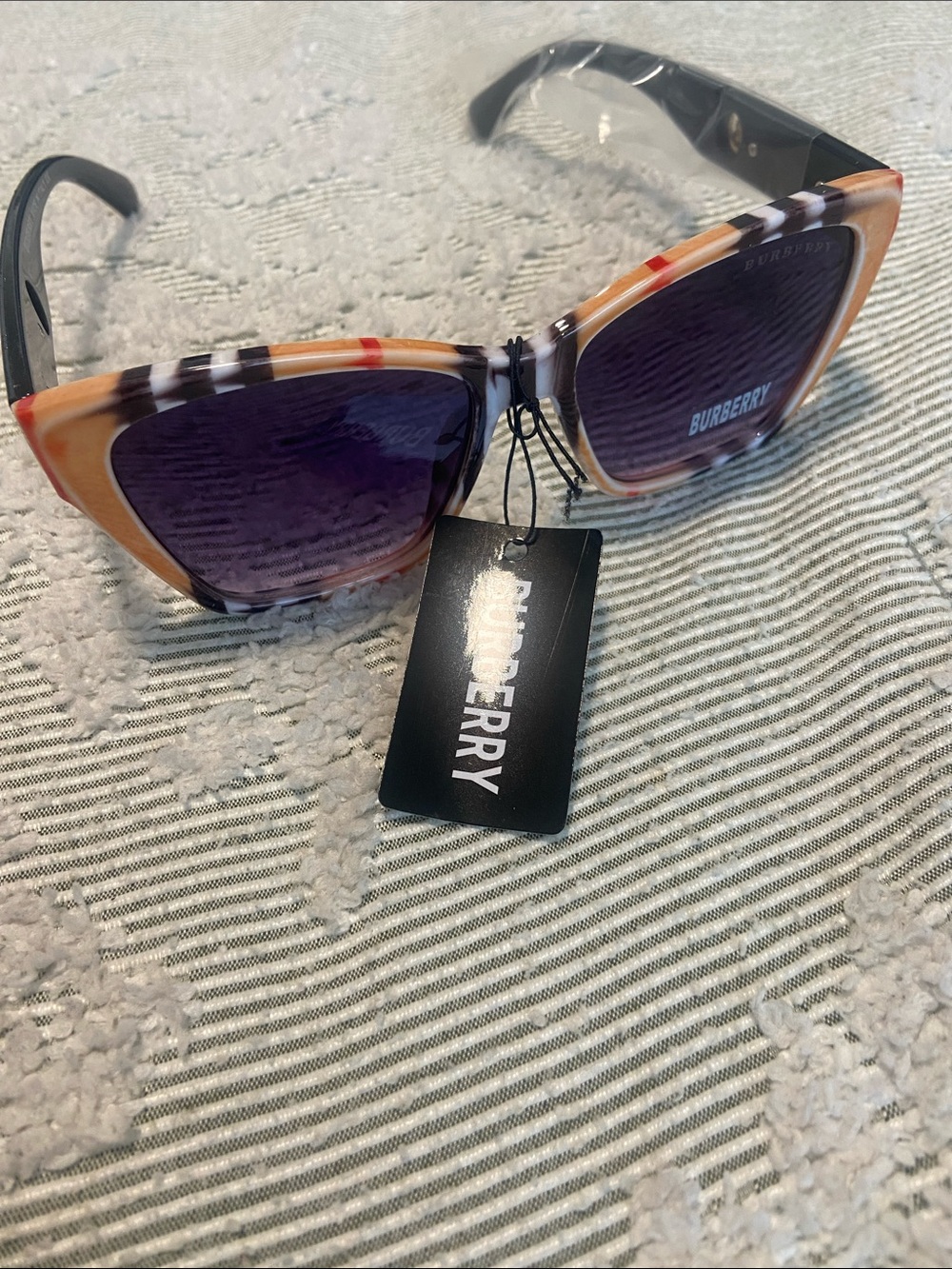 Tortoiseshell Check Cat-Eye Sunglasses with Purple Lenses